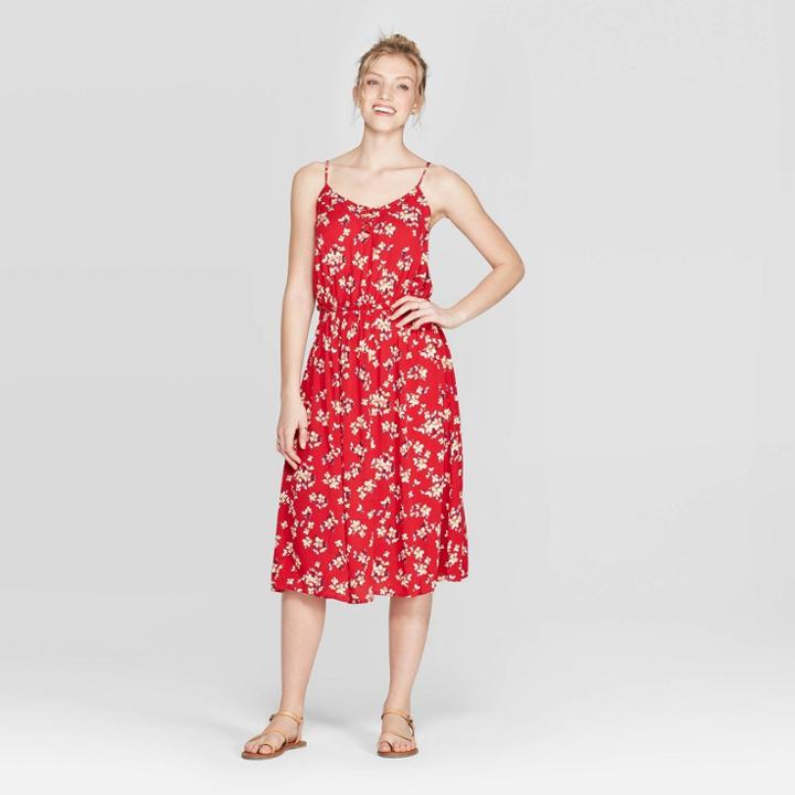 Women's Floral Print V-neck Strappy Lace-up Top Midi Dress - Xhilaration Red