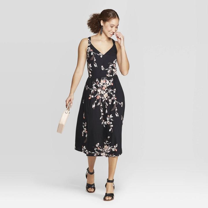 Women's Floral Print Relaxed Fit Sleeveless Deep V-neck Midi Dress - A New Day Black