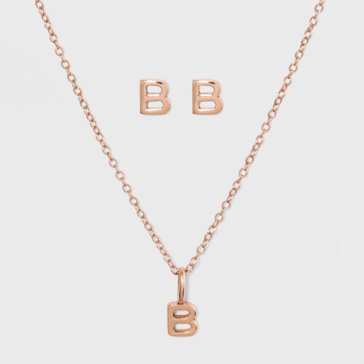 Sterling Silver Initial B Earrings And Necklace Set - A New Day Rose Gold, Girl's, Rose Gold - B