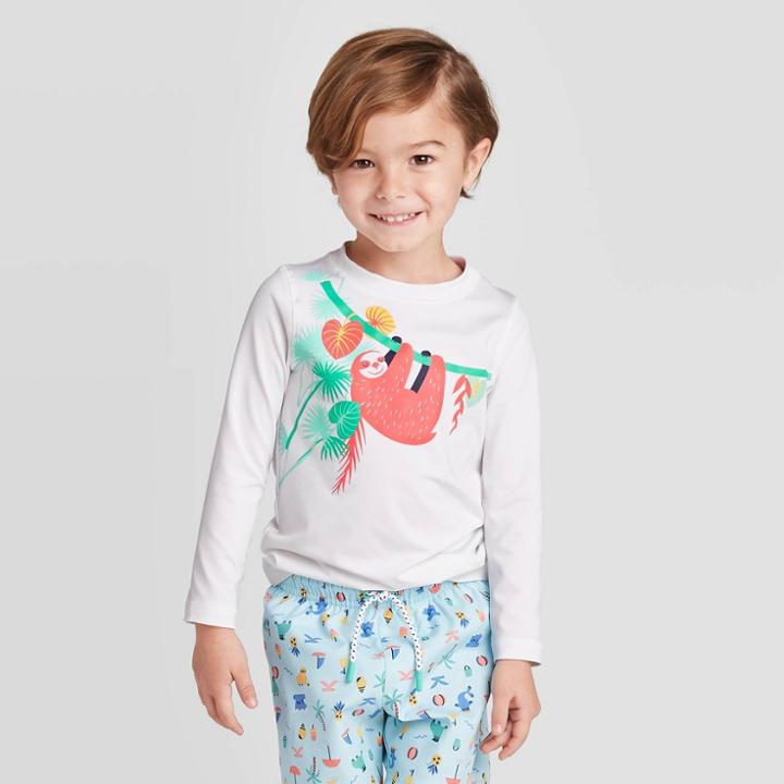 Toddler Boys' Sloth Long Sleeve Rash Guard - Cat & Jack True White 12m, Toddler Boy's