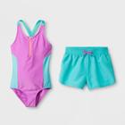 Girls' Colorblock One Piece Swimsuit Set With Shorts - Cat & Jack Purple