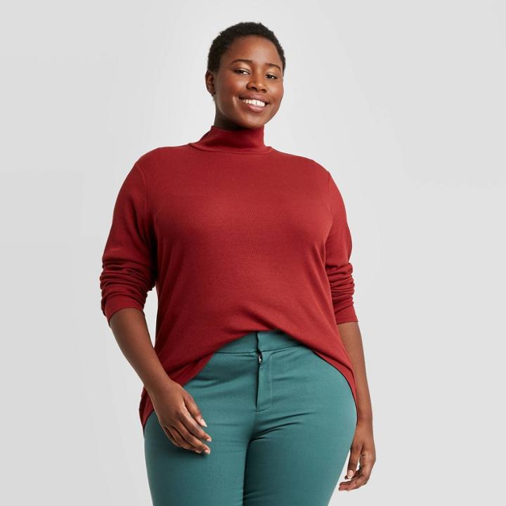 Women's Plus Size Long Sleeve Turtleneck Knit Shirt - Ava & Viv Red X