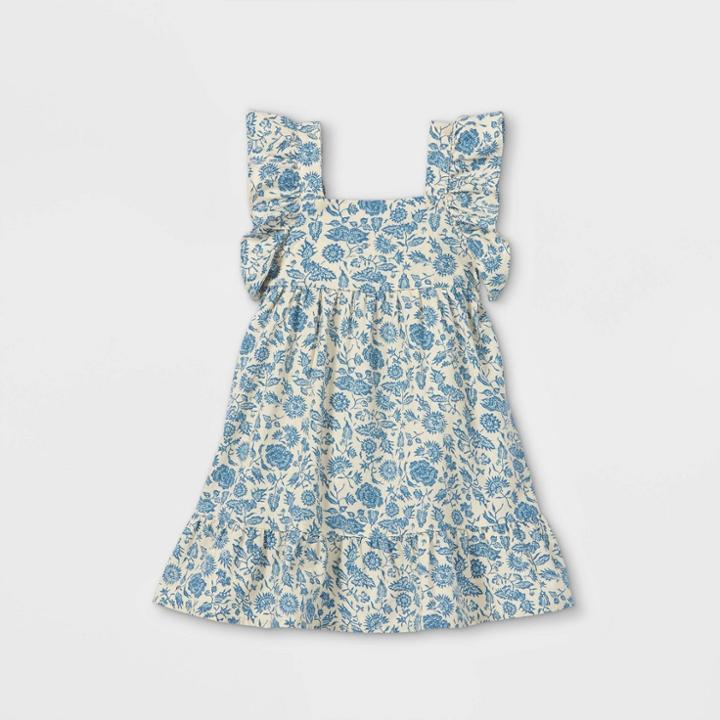 Toddler Girls' Floral Ruffle Sleeve Dress - Cat & Jack Blue