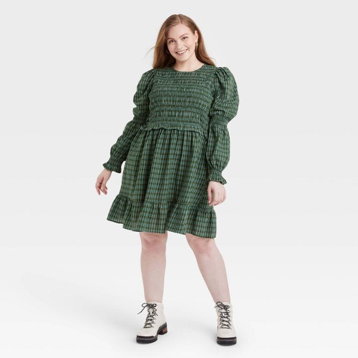 Women's Plus Size Puff Long Sleeve Smocked Dress - Universal Thread Green Plaid