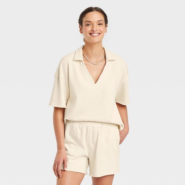 Women's Short Sleeve Collared French Terry Polo T-shirt - Universal Thread Cream
