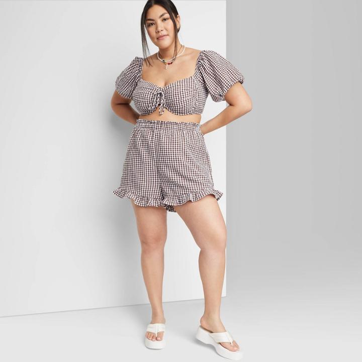 Women's High-rise Pull-on Flutter Shorts - Wild Fable Brown Gingham Check