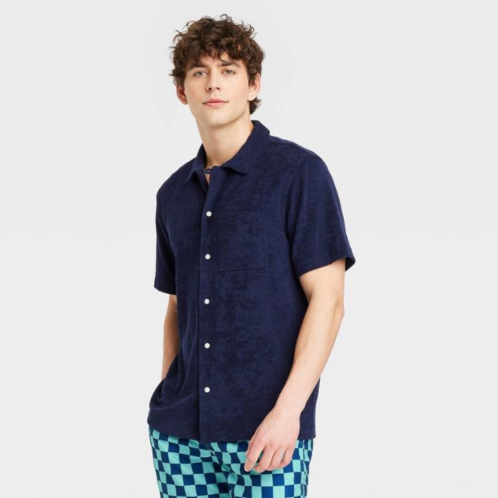 Men's Terry Short Sleeve Camp Button-down Shirt - Goodfellow & Co Navy Blue