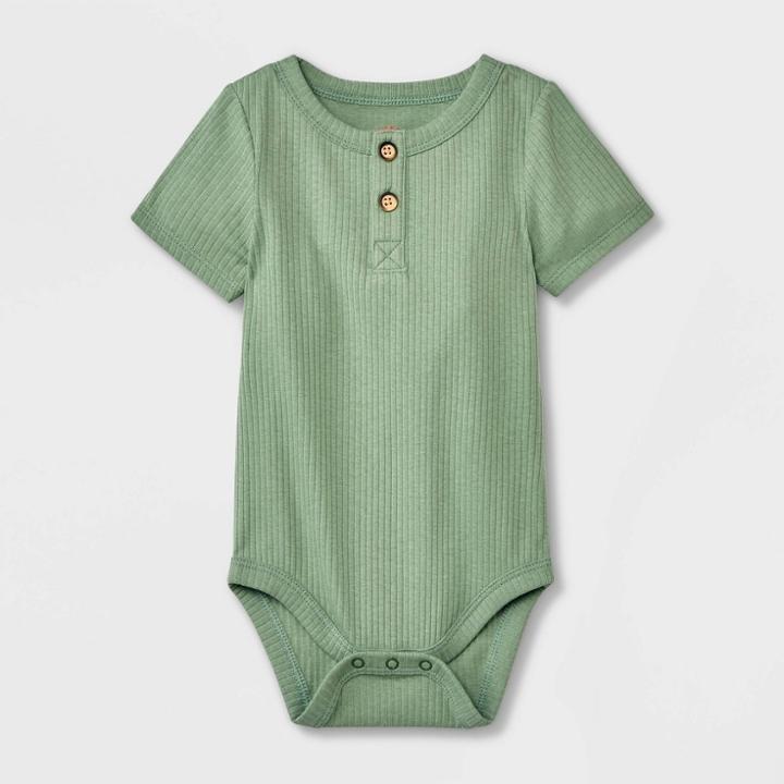 Baby Ribbed Henley Short Sleeve Bodysuit - Cat & Jack Olive Green Newborn