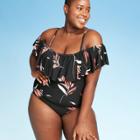 Women's Plus Size Cold Shoulder Ruffle One Piece Swimsuit- Sea Angel Leaf Black 1x, Women's,