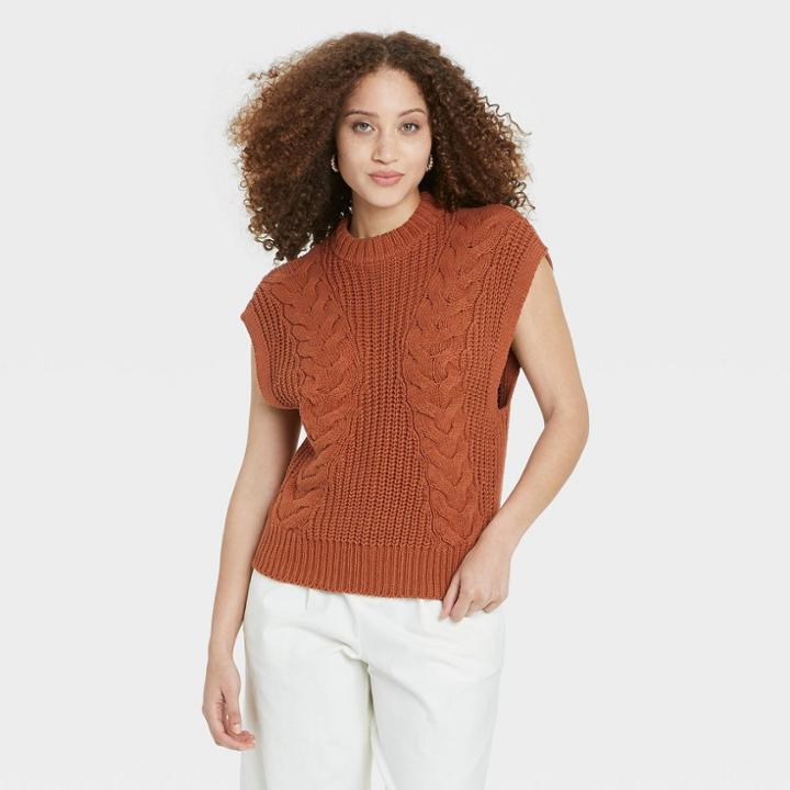 Women's Crewneck Cable Knit Sweater Vest - A New Day Brown