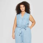 Women's Plus Size Sleeveless Button-up Front Pocket Chambray Top - Who What Wear Chambray X