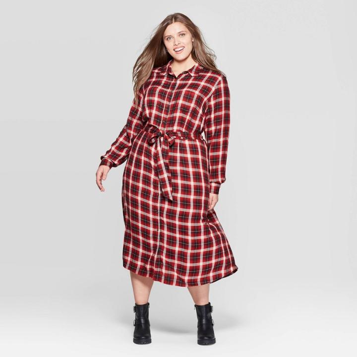 Women's Plus Size Plaid Long Sleeve Collared Midi Tie Belt Shirtdress - Universal Thread Red 1x, Women's,