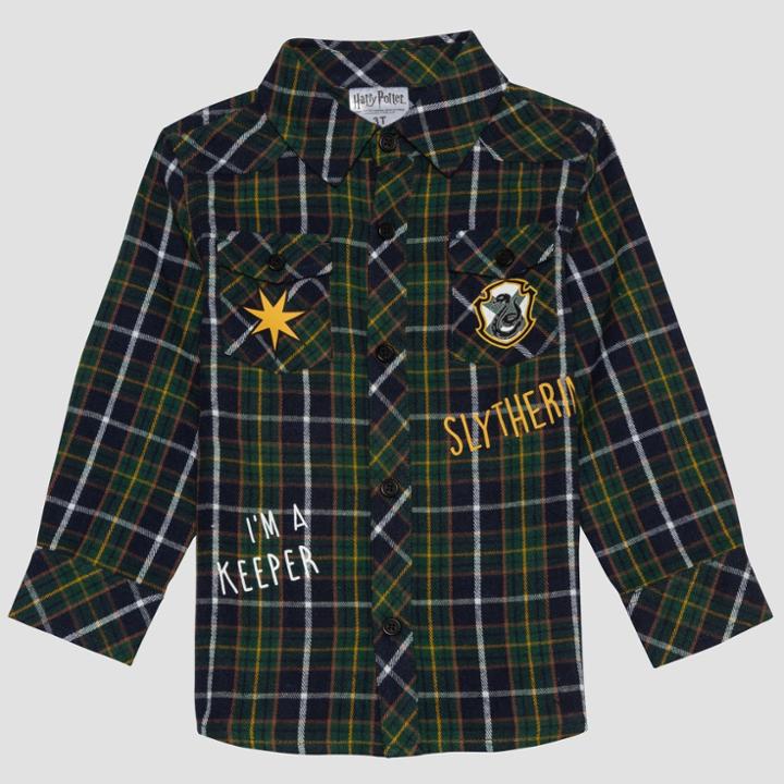 Toddler Boys' Harry Potter Slytherin Flannel Long Sleeve Shirt - Green