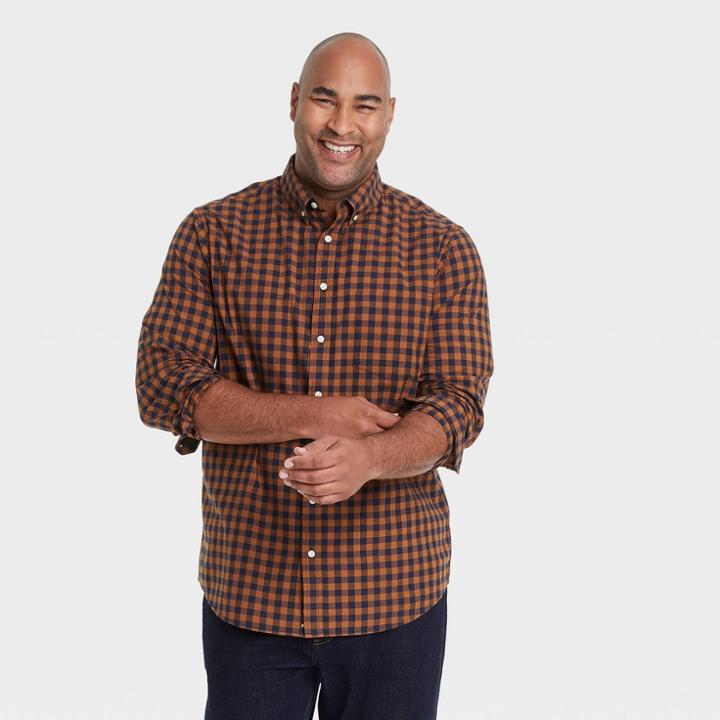 Men's Tall Checked Regular Fit Stretch Poplin Long Sleeve Button-down Shirt - Goodfellow & Co Gold/check