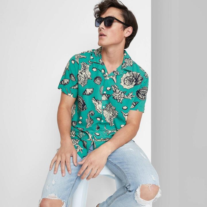 Men's Printed Standard Fit Short Sleeve Button-down Shirt - Original Use Light Teal Green/seashell