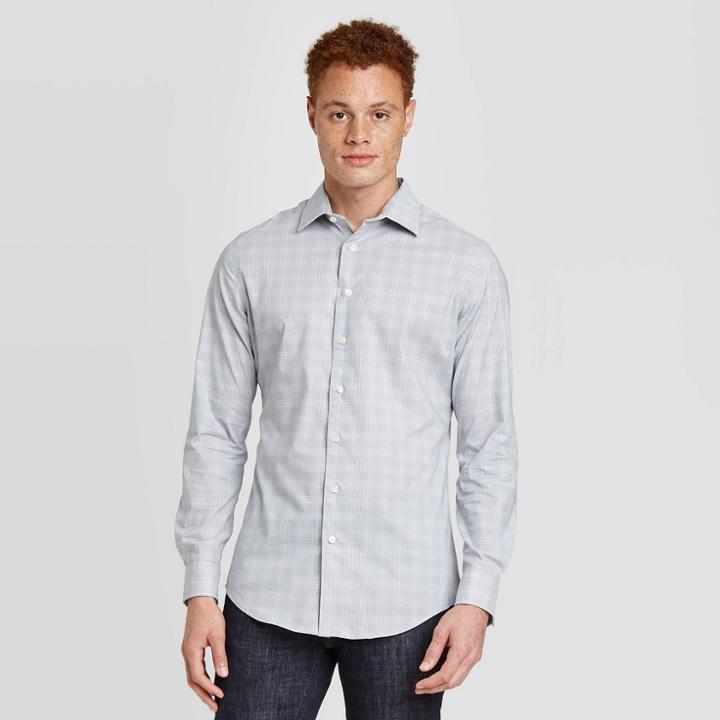 Men's Checked Slim Fit Long Sleeve Poplin Button-down Shirt - Goodfellow & Co Gray