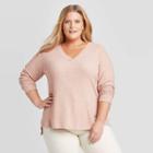 Women's Plus Size Long Sleeve V-neck Rib-knit Top - Ava & Viv Mauve X, Women's, Pink