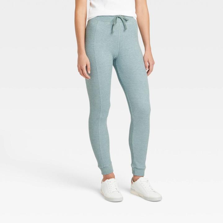 Women's Waffle Knit Leggings With Drawstring - A New Day Soft Turquoise