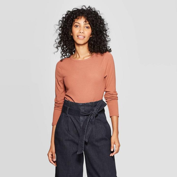 Women's Slim Fit Long Sleeve Crewneck Luxe Rib T-shirt - A New Day Brown