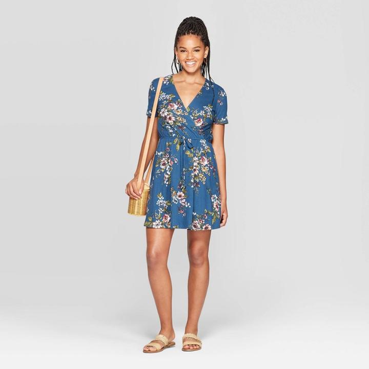 Petitewomen's Floral Print Short Sleeve V-neck Wrap Knit Mini Dress - Xhilaration Deep Teal S, Women's, Size: