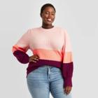 Women's Plus Size Crewneck Striped Puff Sleeve Pullover - Ava & Viv Peach