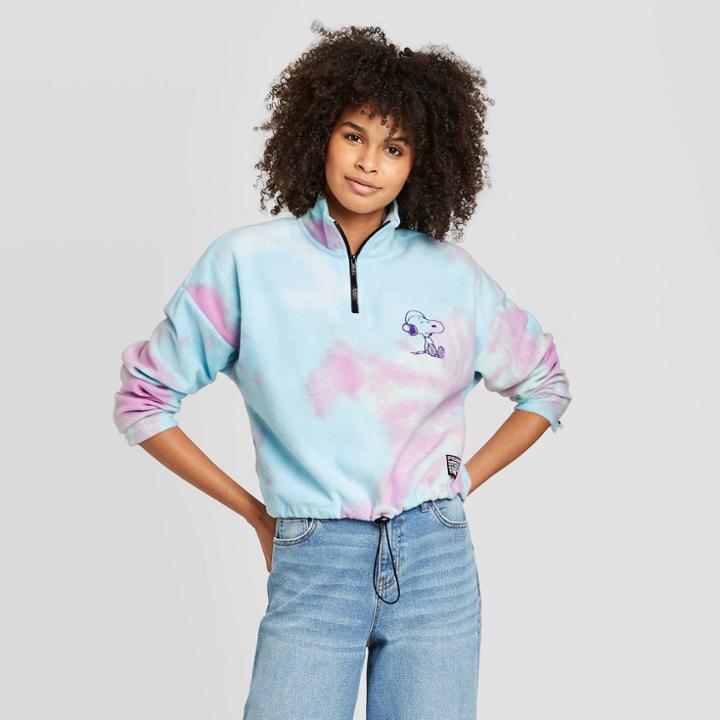 Women's Peanuts Tie Dye 1/4 Zip Long Sleeve Fleece Sweatshirt (juniors') - Blue Xs, Women's, Gray Blue