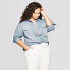 Women's Plus Size Striped Long Sleeve Collared Denim Shirt - Universal Thread