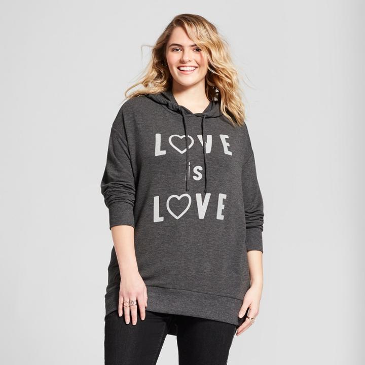 Women's Plus Size Love Is Love Long Sleeve Graphic Hooded Sweatshirt - Zoe+liv Black