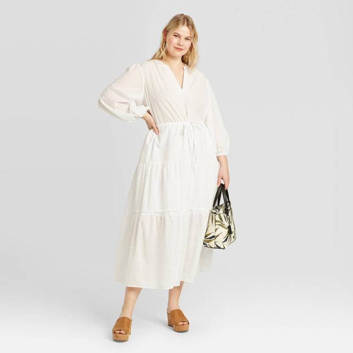 Women's Plus Size Polka Dot Long Sleeve Tie Waist Tiered Dress - A New Day White 1x, Women's,