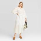 Women's Plus Size Polka Dot Long Sleeve Tie Waist Tiered Dress - A New Day White 1x, Women's,