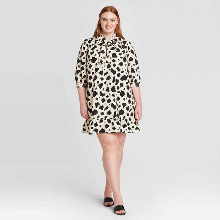 Women's Plus Size Animal Print 3/4 Sleeve V-neck Tie Shift Mini Dress - Who What Wear Cream 1x, Women's, Size: