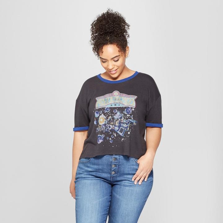 Junk Food Women's Plus Size Atari Asteroids Meet & Greet Short Sleeve Ringer Graphic T-shirt - Black