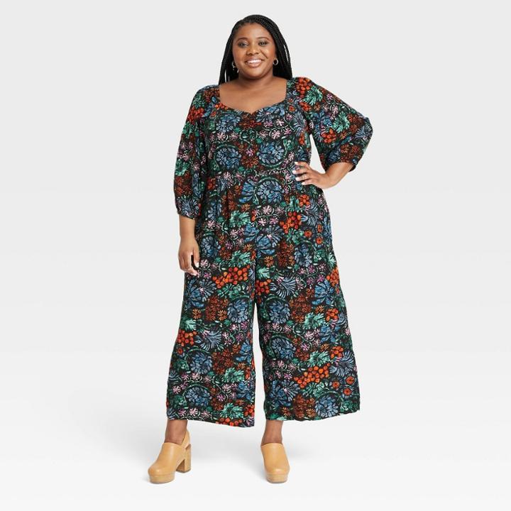 Women's Plus Size Puff 3/4 Sleeve Jumpsuit - Knox Rose Black Floral