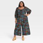 Women's Plus Size Puff 3/4 Sleeve Jumpsuit - Knox Rose Black Floral