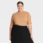 Women's Plus Size Elbow Sleeve Mock Turtleneck T- Shirt - A New Day Tan