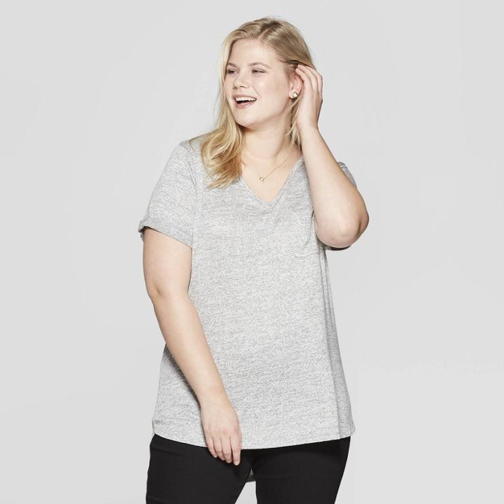Women's Plus Size Pocket Short Sleeve Rolled Cuff V-neck T-shirt - Ava & Viv Ivory/gray
