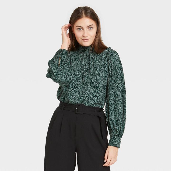 Women's Ruffle Long Sleeve Blouse - A New Day Green