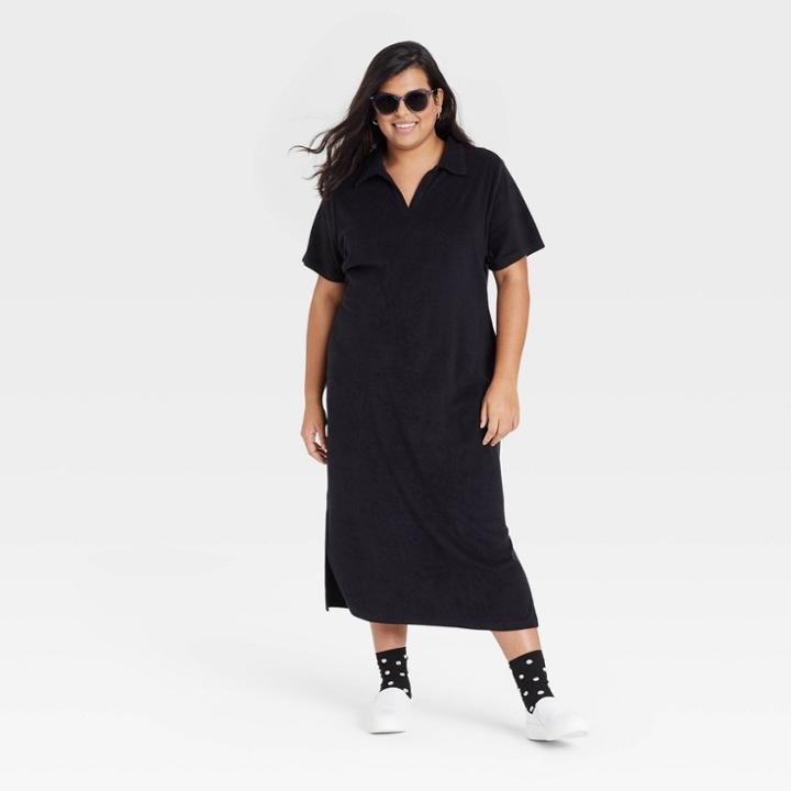 Women's Plus Size Short Sleeve Terry Polo Dress - Ava & Viv Black