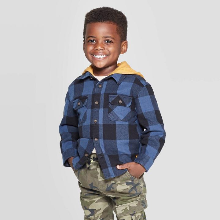 Toddler Boys' Long Sleeve Hooded Buffalo Checked Button-down Shirt - Art Class Blue