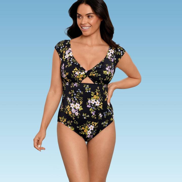 Women's Slimming Control Sleeve Cut Out One Piece Swimsuit - Beach Betty By Miracle Brands Black