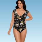 Women's Slimming Control Sleeve Cut Out One Piece Swimsuit - Beach Betty By Miracle Brands Black