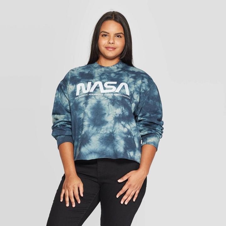 Mighty Fine Women's Nasa Plus Size Long Sleeve Graphic Cropped Sweatshirt (juniors') - Olive/navy Wash 1x, Women's, Size: