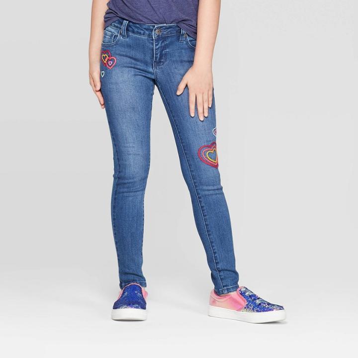 Girls' Embroidered Heart Skinny Jeans - Cat & Jack Medium Wash
