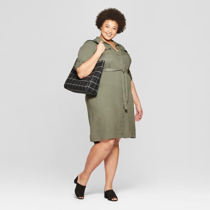 Women's Plus Size Long Sleeve Collared Shirt Dress - Ava & Viv Olive (green)