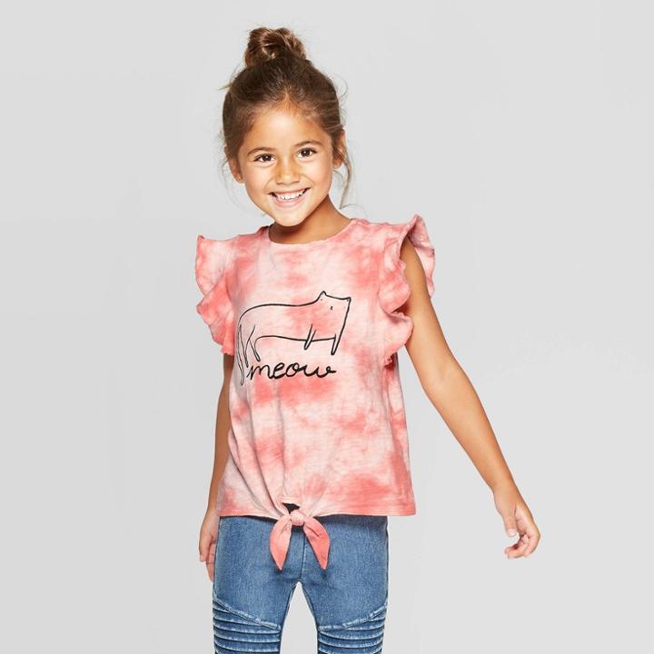 Toddler Girls' Ruffle Sleeve 'cat' Front-tie T-shirt - Art Class Light Pink 4t, Girl's, White