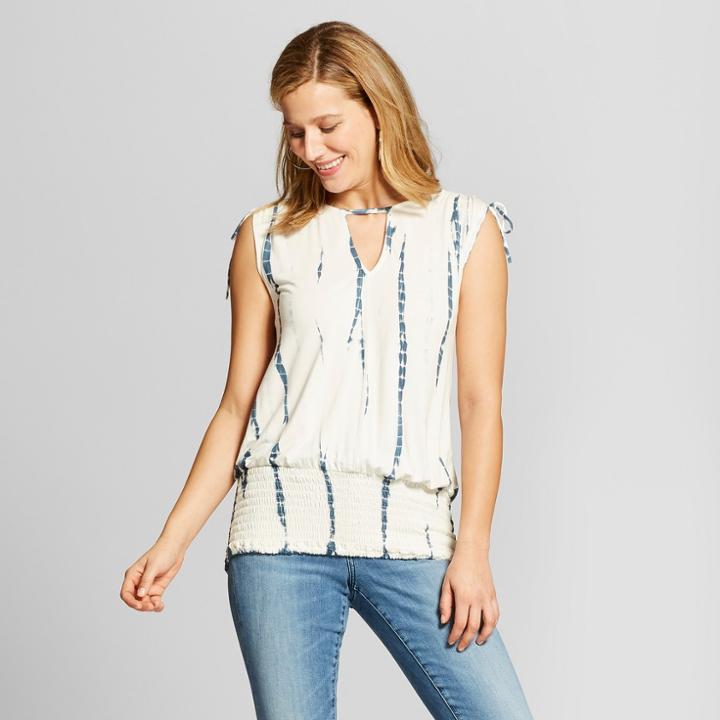 Women's Smocked Bottom Key Hole Front Tie Dye Tank - Knox Rose Blue