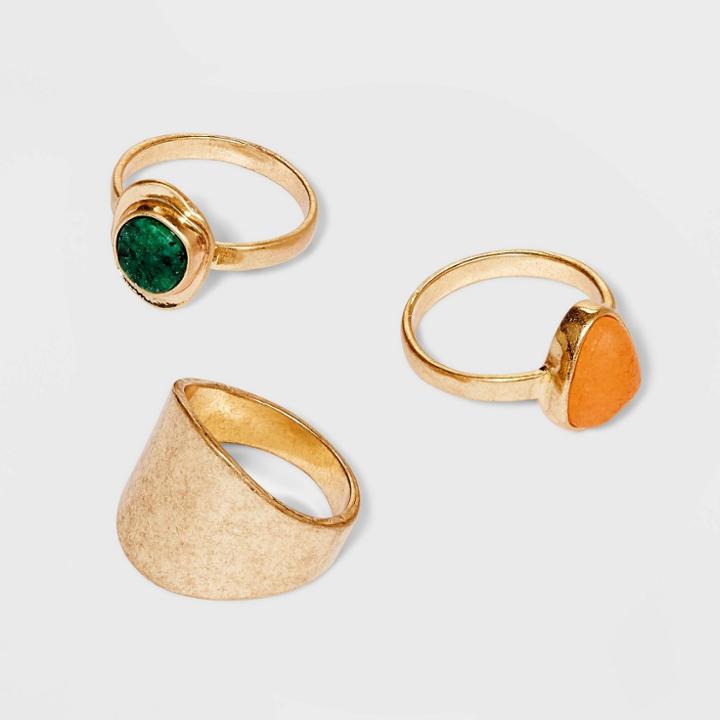 Worn Gold Semi-precious Turquoise & Aventurine Trio Ring Set - Universal Thread Light Pink/green/orange