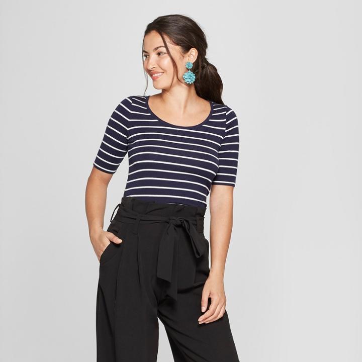 Women's Striped Elbow Length Fitted T-shirt - A New Day Navy/white (blue/white)