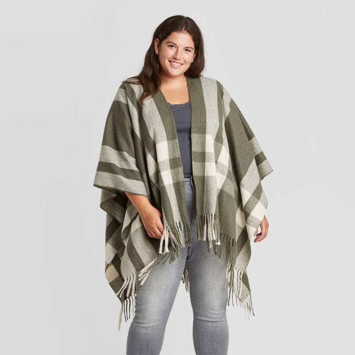 Women's Plus Plaid Ruana Kimono Jacket - Universal Thread Green