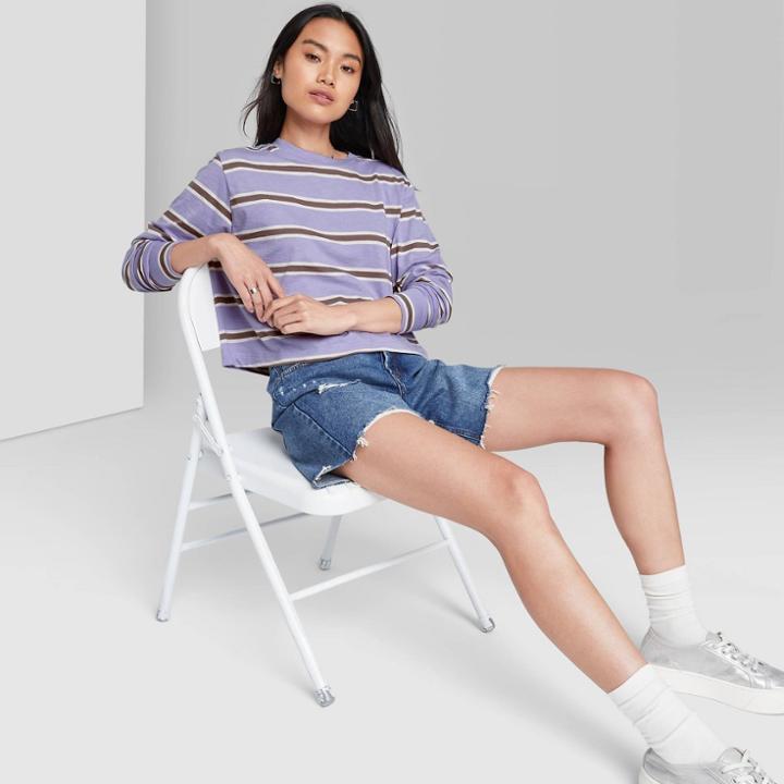 Women's Long Sleeve Boxy T-shirt - Wild Fable Amethyst Striped L, Purple